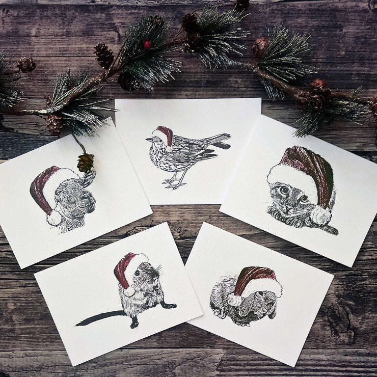 Pack of Five Animal Santa Hat Christmas Cards - Landscape - Bella & Bryn